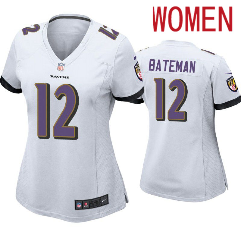 Women Baltimore Ravens 12 Rashod Bateman Nike White Game NFL Jersey
